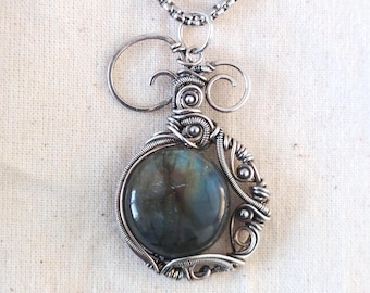 Wire wrapped labradorite pendant: sterling silver filled crystal necklace