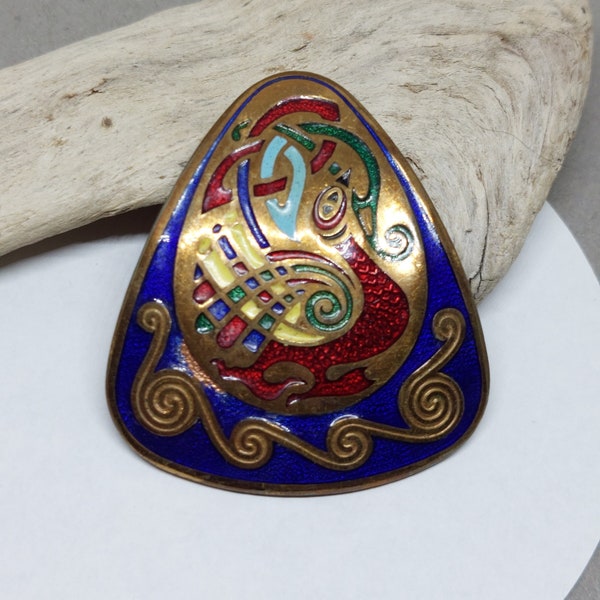 Celtic Book of Kells Tara Ware inspired triangle enamel brooch, zoomorphic pendant,  vintage 1970s Irish jewellery