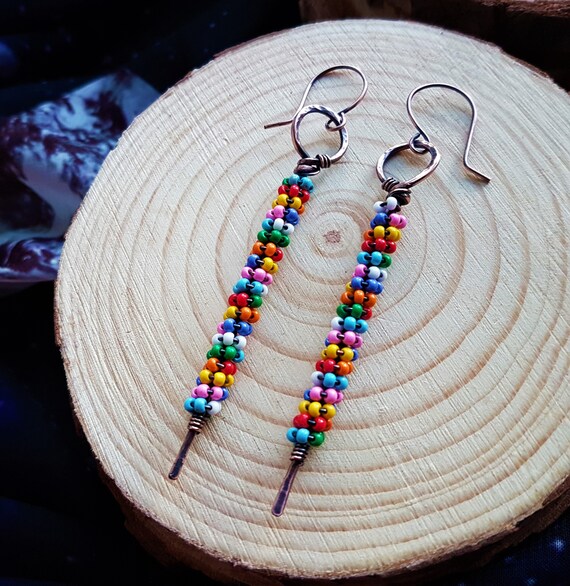 Rainbow Seed Bead Long Drop Earrings Hammered Copper Rustic