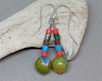 Yellow Agate and rainbow heishi bead drop earrings, Ethnic style, Southwestern colours