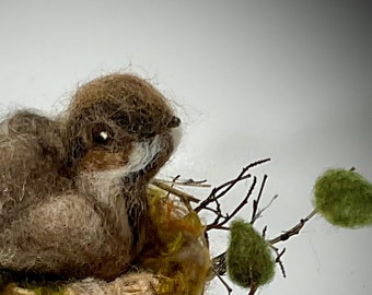 Brown Bird:  Just Hatched! (wool sculpture on rustic tree round)