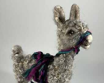 Sweet gray llama sculpture - handcrafted from wool.