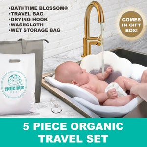ORGANIC Baby Bath Flower Sink Cushion Travel Set -Bamboo & Cotton Towel material- Soft Gray Flower for Infant Bathtime