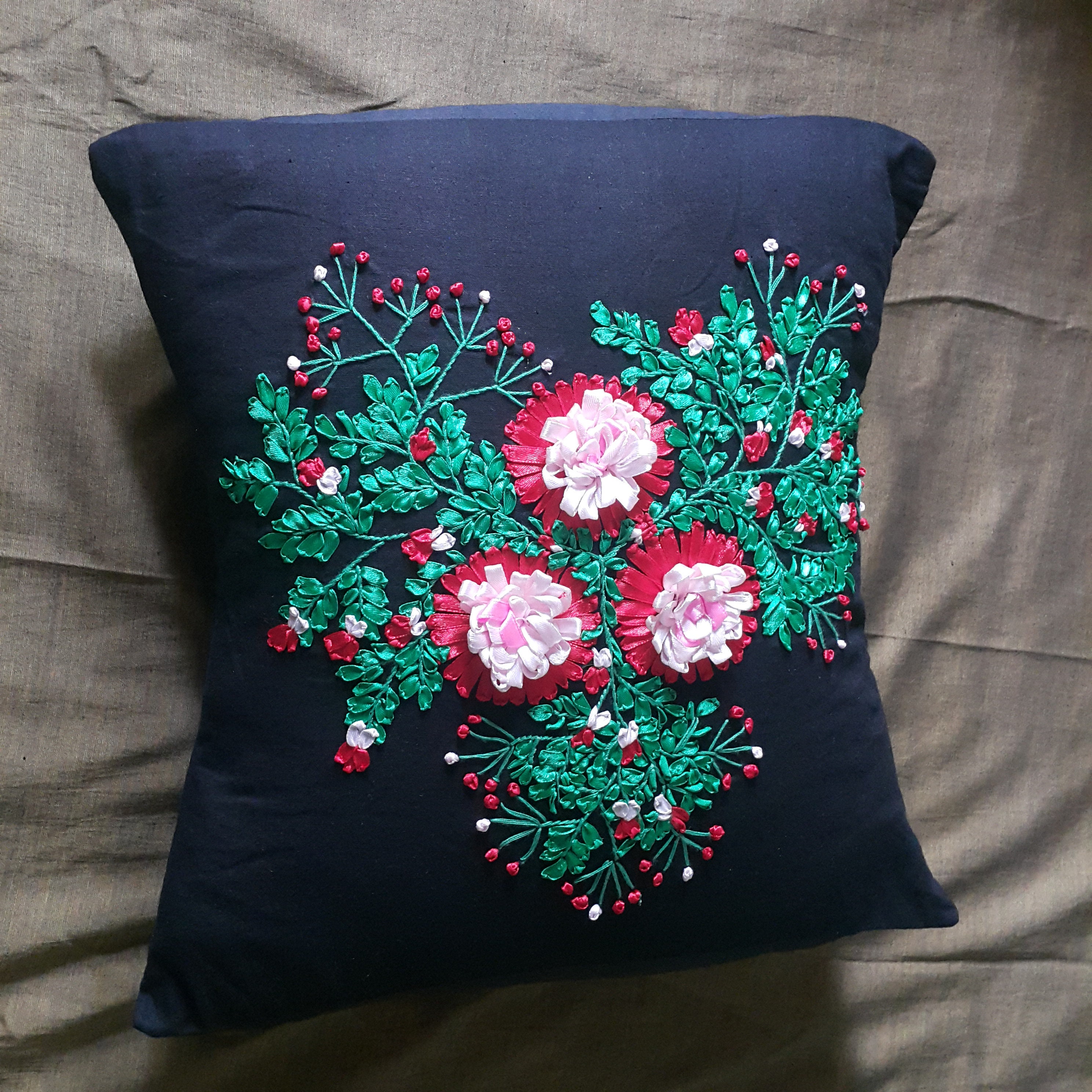 Silk Ribbon Embroidery Pillow Ribon Embroidery Pillowcase Etsy