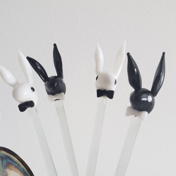 Playboy glass cocktail stirsticks in frosted glass, in classic Playboy black and white colours