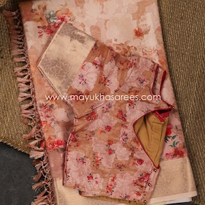 Pastel Peach Floral Printed Brasso Gorgette Saree with Stitched Blouse in Size 38-44