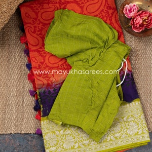 Vibrant Blooms: Orange and Green Handblock Printed Pure Gorgette Saree