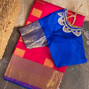 Magenta and Blue Koravai Kanchipuram Silk Saree With stitched blouse size 36-44”| Silk Mark Certified | Mayukha Boutique|