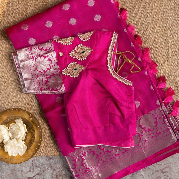 Jubilant Pink Kanchipuram with Silver Zari Silk Saree With stitched blouse size 36-44”| Silk Mark Certified | Mayukha Boutique|