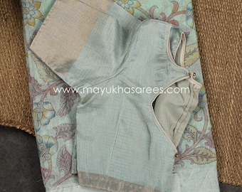 Kalamkari Prints on Pastel Blue Tissue Linen Silk saree and Stitched Blouse in Size 38-44