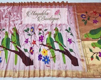 Mauve dual tone Pure Parrot Brocade Paithani With Single Muniya Muniya Silk | Silk Mark Certified | Mayukha Boutique |