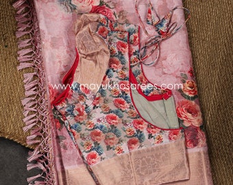 Powder Pink Floral Printed Brasso Gorgette Saree with Stitched Blouse in Size 38-44