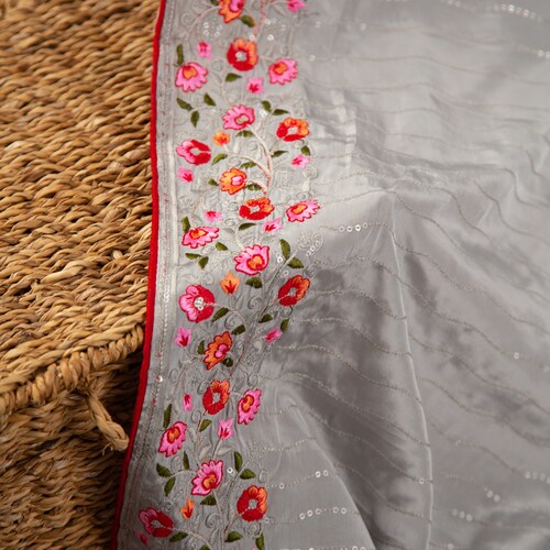 Trendy Gray Satin Silk With Floral Embroidery and Sequins with Stitched Blouse shops in Size 38-44” | Mayukha Boutique |