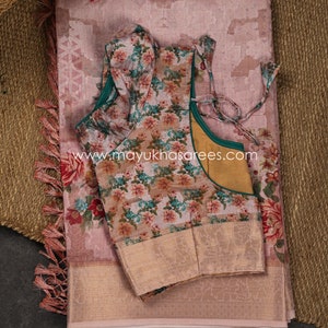 Powder Pink Floral Printed Brasso Gorgette Saree with Stitched Blouse in Size 38-44