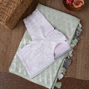 Pastel Green and White Chikankari Linen Gorgette Saree with Custom Blouse