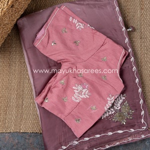 Lustrous Elegance: Lavender and Pink Shimmer Organza Saree with Custom Stitched Blouse
