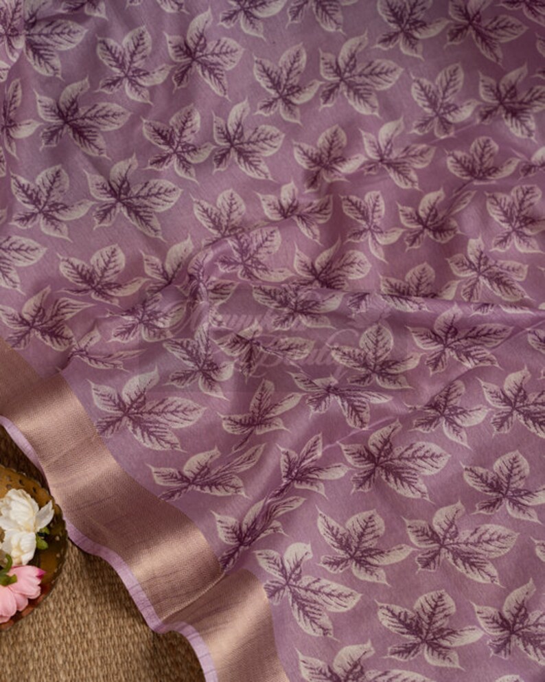 Chanderi Block Prints Lavender Saree With Stitched Blouse in Size 38-44 ...