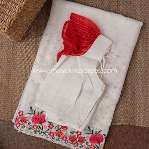 Silk Symphony: Elegant White and Red Gorgette Saree with Custom Blouse