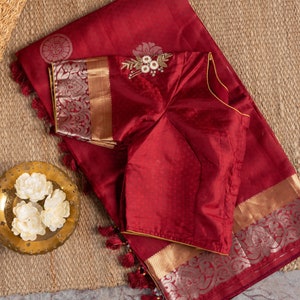 Maroon brocade Kanchipuram Silk Saree With stitched blouse size 36-44”| Silk Mark Certified | Mayukha Boutique|