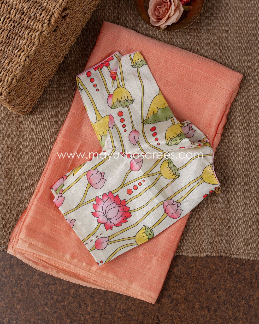 Embellished Peach Flowery KotaDoria Block Printed Cotton Saree With Blouse main image 0