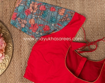 Kalamkari Prints On Tassar Silk. Body Handloom Silk.  Red & Blue Color Blouse