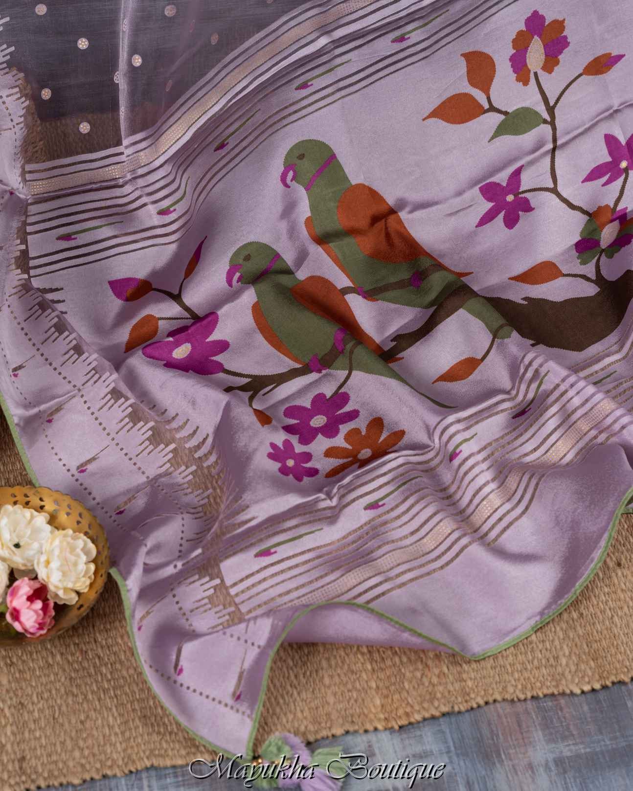 Lavender Embellished Organza Saree With Unstitched Blouse Piece
