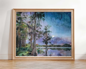 Nighttime Bayou Art Print, Borderless Matte Fine Art Print, Louisiana Themed Artwork, Original Painting, Swamp and Wetlands Art