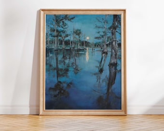 Moonlit Bayou Art Print, Dark Bayou Painting, Original Paintings by Louisiana Artists, Louisiana Themed Prints, Louisiana Swamp Painting
