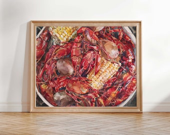 Crawfish Boil Print, Original Paintings By Louisiana Artists, Louisiana Themed Prints, Crawfish Painting, Watercolor Crawfish Print