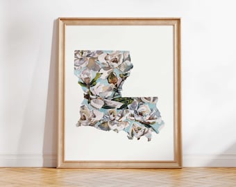 Louisiana State Flower Art Print, Southern Magnolia Art Work, Original Artwork, Louisiana Home Decor, Louisiana Map with Magnolias