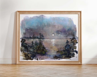 Misty Moonlight Bayou Print, Dark Bayou Painting, Louisiana Themed Print, Original Painting by Louisiana Artist, Louisiana Swamp Painting
