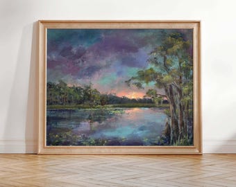 Bayou Sunset Art Print: Louisiana Landscape with Cypress Trees, Borderless Archival Matte Print