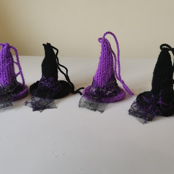 Hand Knitted Witches Hats - Halloween Decoration - Halloween Hanging Decoration - Purple and Black Witches Hats Decoration