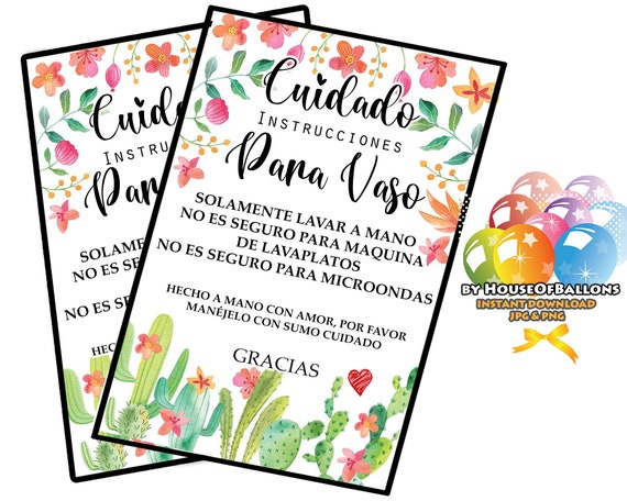 Spanish Tumbler Care Card READY TO PRINT Digital Files Printable Cup Care  Instructions for Tumbler & Cup Seller Cuidado Para Vaso 