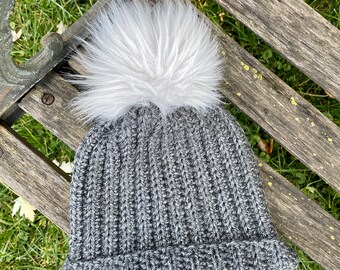 Gray Crochet Slouchy Beanie with Faux Fur Pom Pom