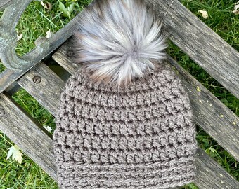 Brown Teen/Adult Size Slightly Slouchy Beanie with Faux Fur Pom Pom