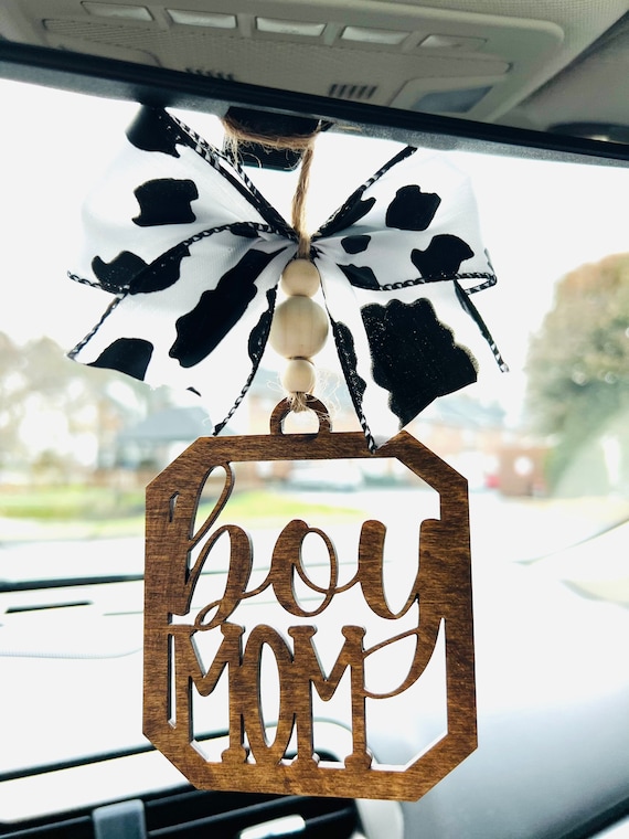 Boy Mom Car Charm: Cow Print Ribbon, Handmade Car Accessories