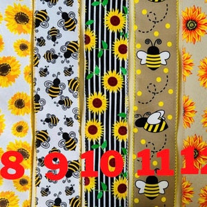 May include: A set of 6 different ribbon designs featuring sunflowers, bees, and hearts. The ribbons are numbered 7 through 13.
