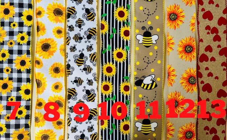 May include: A set of 6 different ribbon designs featuring sunflowers, bees, and hearts. The ribbons are numbered 7 through 13.