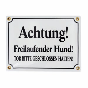Achtung Freilaufender Hund - 15x20 cm - Warnung vor dem Hund - Emaille-Schild - Hund Warnschild - Vorsicht Hund - Neu