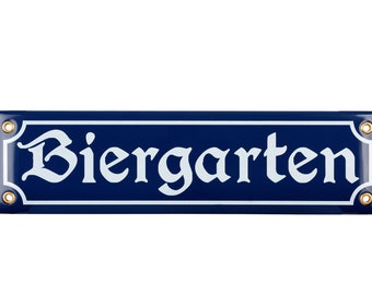 Biergarten German enamel sign - 8x30 cm (3,2"x11,8"), deep blue, green, white, beer garden, vintage, Oktoberfest