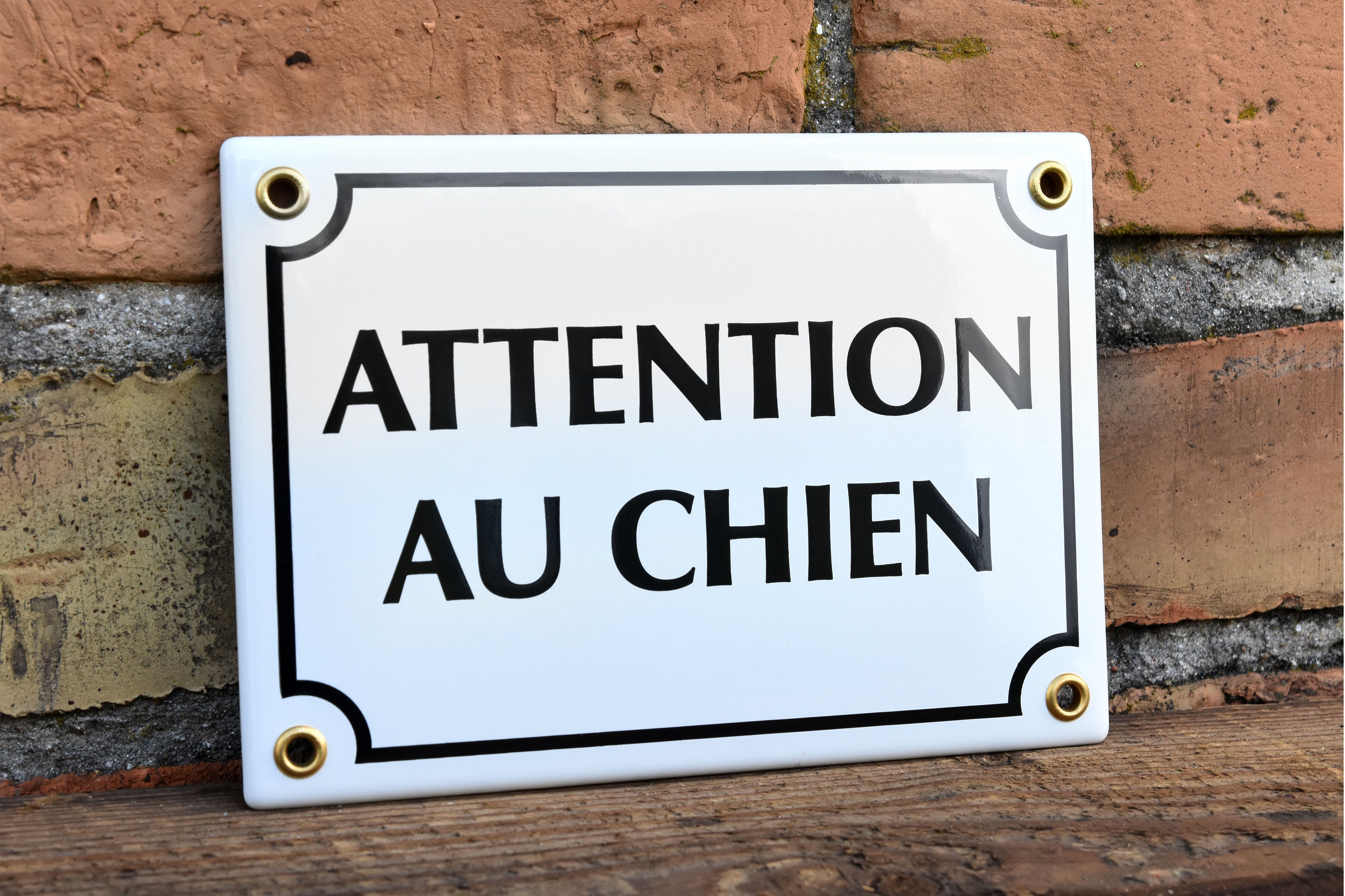 Attention au Chien French Enamel Plaque, Large