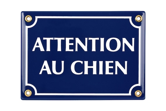 ATTENTION AU CHIEN French Enamel Sign 12x17 Cm 4.7 X 6.7, Deep Blue, Red,  White, Propriete Privee Vintage Plaque, Handmade 