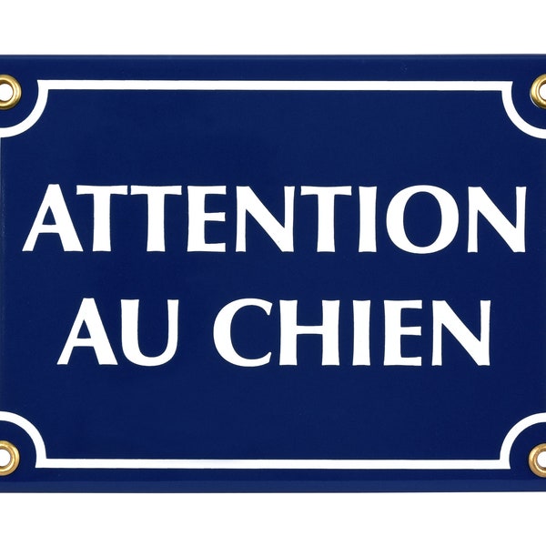 ATTENTION AU CHIEN French enamel sign - 12x17 cm (4.7" x 6.7"), deep blue, red, white, Propriete Privee vintage plaque, handmade