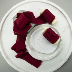 Raw Silk Ribbon - Burgundy Frayed Silk Ribbon - 38mm Wide Silk Crepe Ribbon - 5m Roll with Wooden Spool
