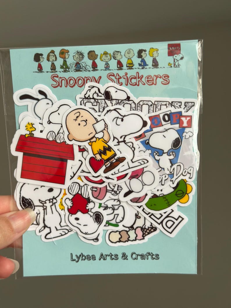 May include: A pack of Snoopy stickers in a clear plastic sleeve. The stickers depict Snoopy, Charlie Brown, and other Peanuts characters. The words "Snoopy Stickers" and "Lybee Arts & Crafts" are printed on the backing card.