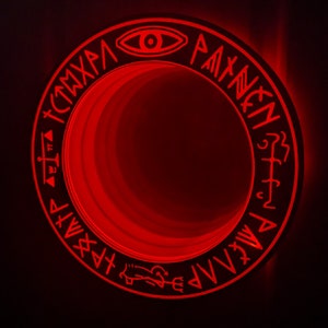 May include: A red glowing circle with an eye symbol and runes around the edge. The circle is on a black background.