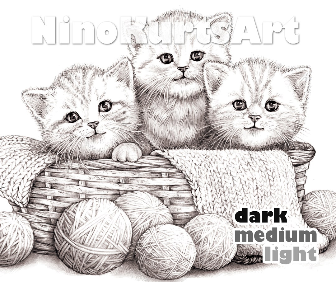 Kittens Coloring Page Printable Adult Coloring Pages Download Grayscale