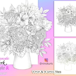 flowers coloring | printable adult coloring pages | download grayscale botanical illustration | Printable JPG & PDF files