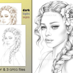 Coloring Book | Printable Adult Coloring Pages | Download Grayscale Illustration | Printable JPG & PDF files | Girl Grayscale portrait